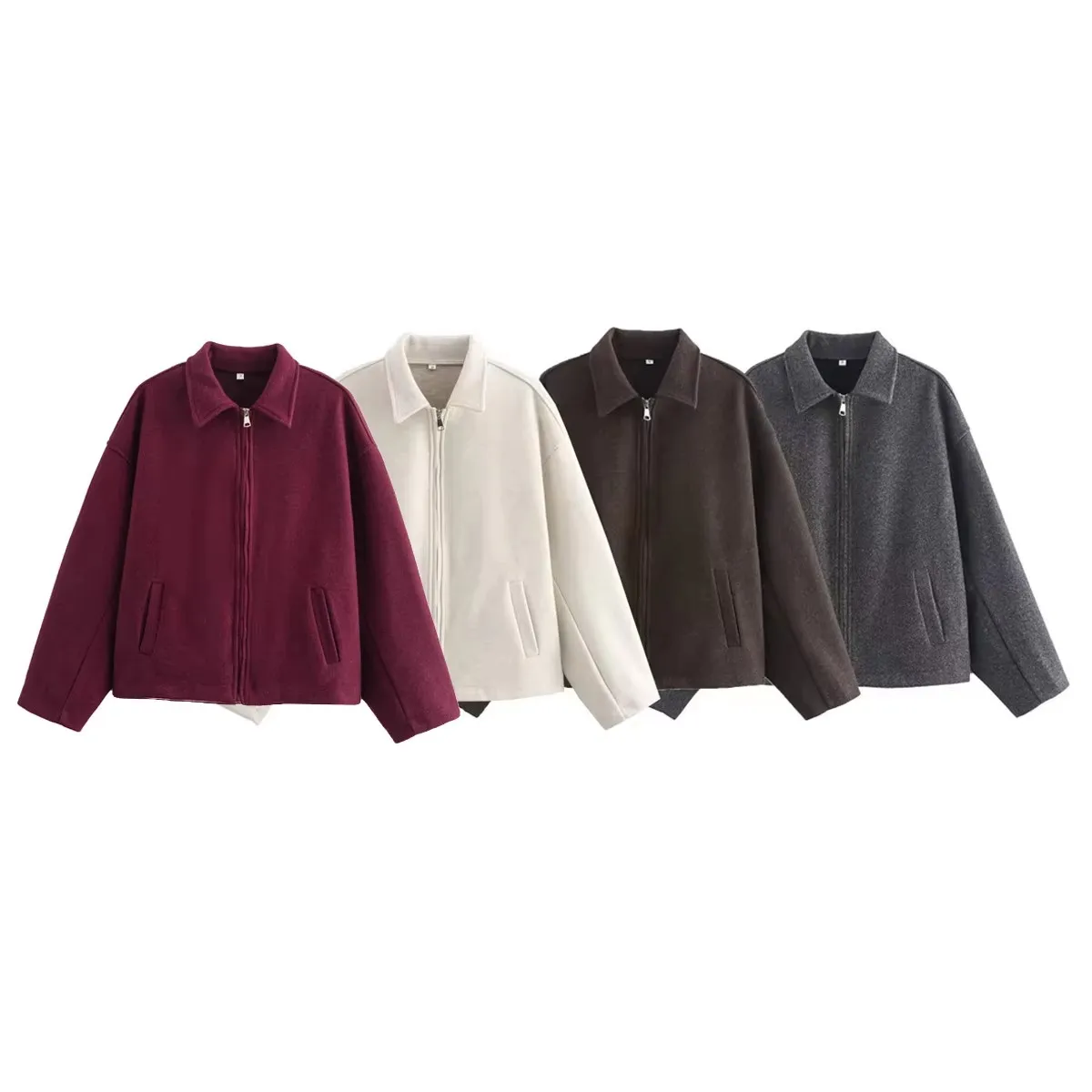 HH Fashion Brown Zipper Woolen Jacket For Women Elegant Lapel Long Sleeve Short Coats Vintage Autumn Lady Street Outerwear