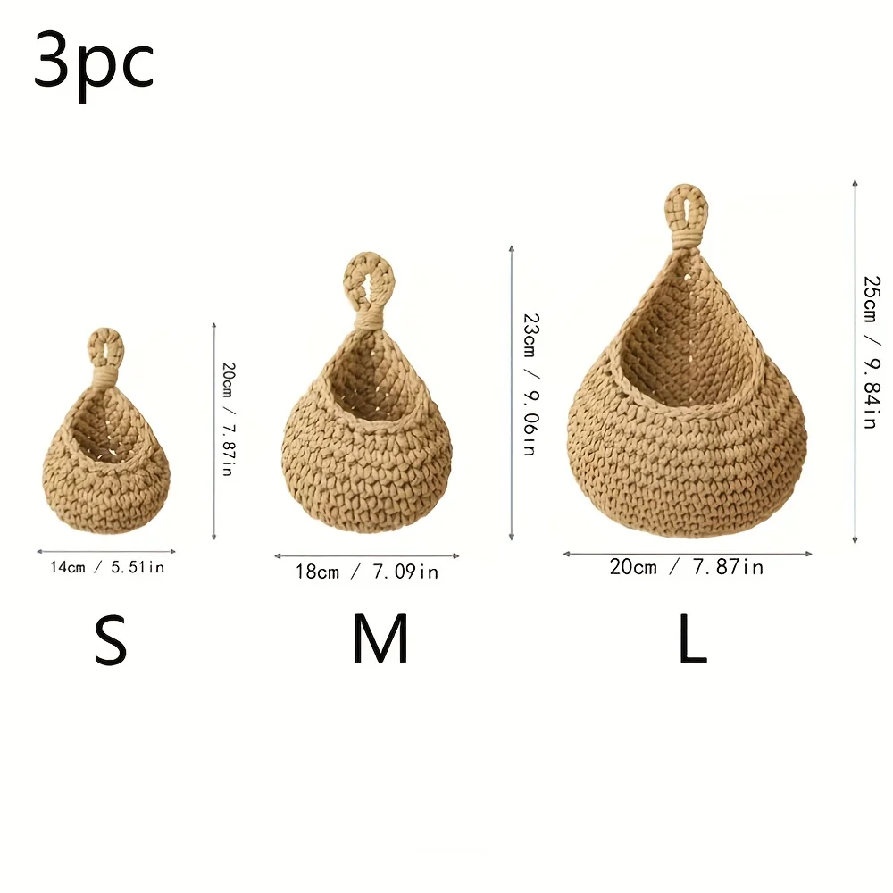 3-Pack Hanging Teardrop Kitchen Storage Baskets – Hand-Woven Wall-Mount Fruit & Vegetable Holder 6