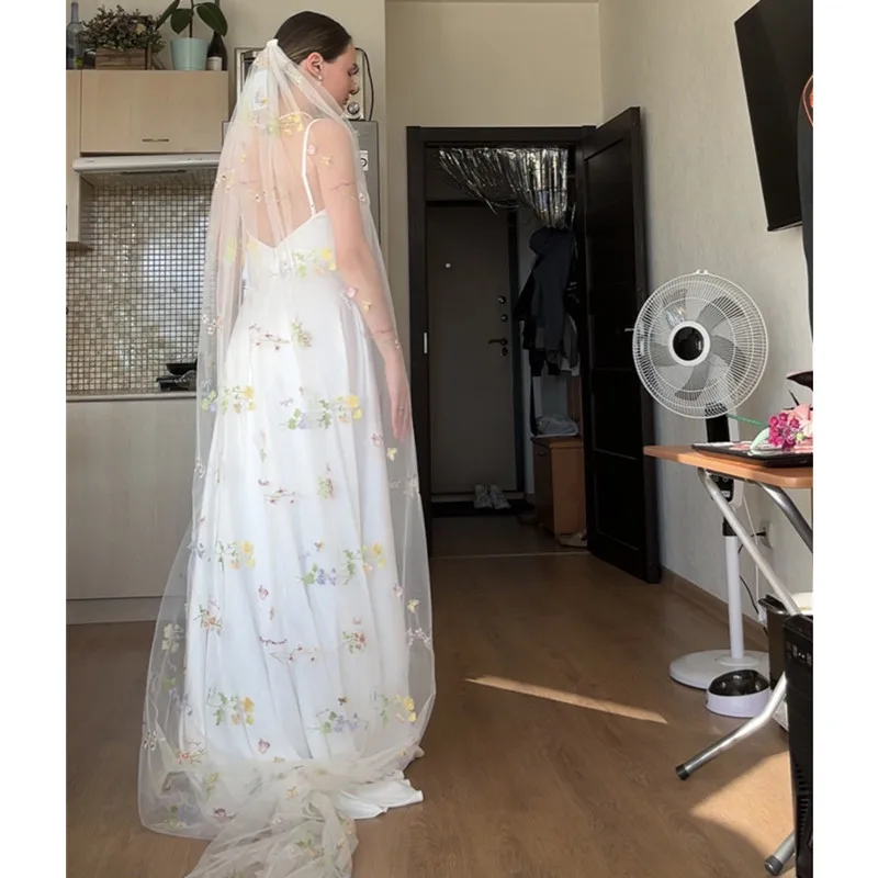 Wild Flowers Floral Bridal Veils With Comb Cathedral Long Embroidered Tulle Colorful Secret Garden Wedding Veil for Brides White
