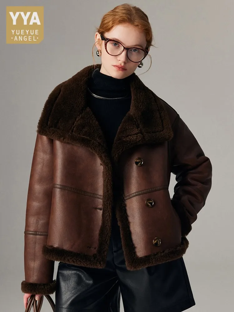 Fashion Women Winter Faux Leather Real Sheep Fur Jacket Thick Warm