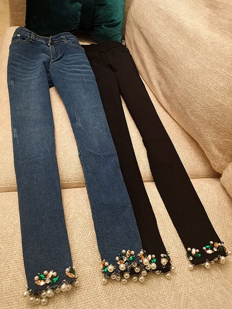 Pantalones vaqueros con cuentas de diamantes azules para mujer