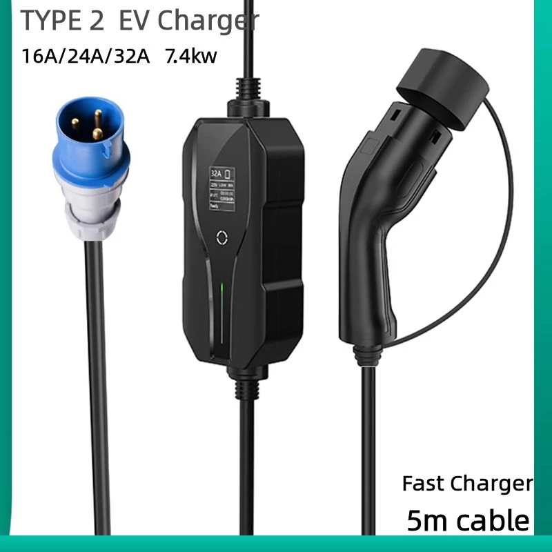 

Portable EV Charging Level 2, Electric Vehicle Charger Type 2 IEC 62196-2, 32A 7.4KW CEE Plug 5M Cable