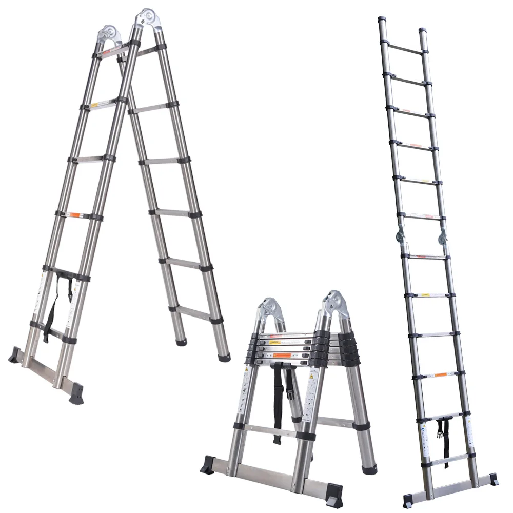 Échelle télescopique, extension télescopique portable 3,8 m (1,9 m + 1,9 m) échelle de loft polyvalente de hauteur, cadre pliable en acier inoxydable