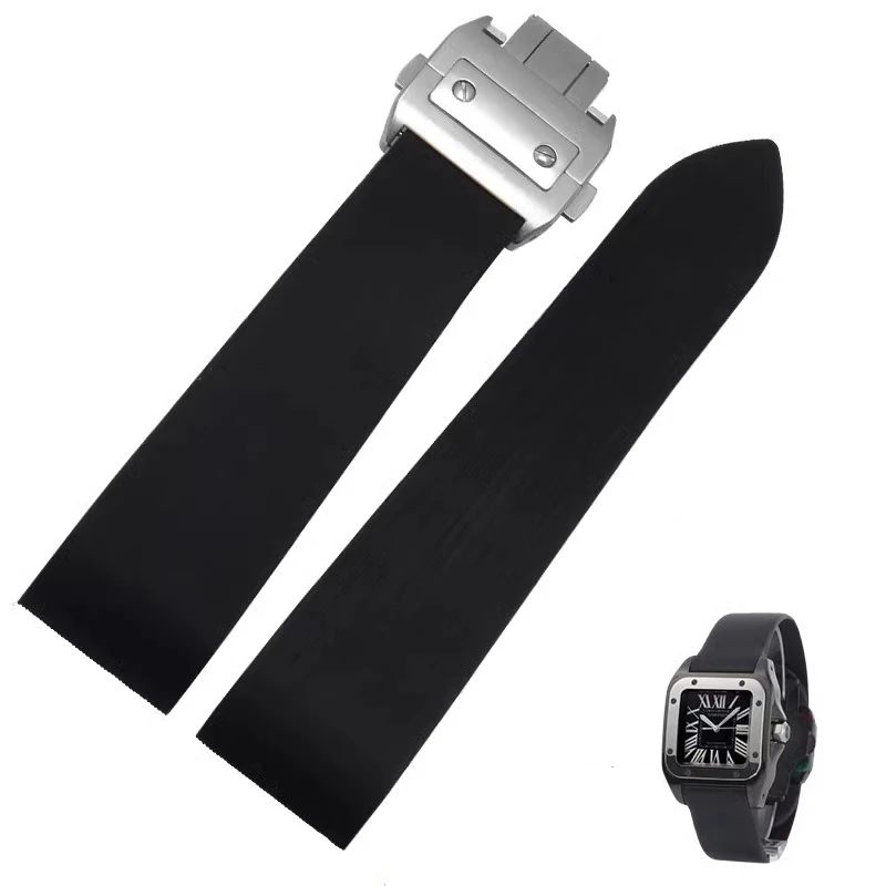 Nuovo Cinturino Impermeabile In Gomma Per Cartier Santos 100 W2020007 Cinturino In Silicone Argento Oro Fibbia Pieghevole Bracciale Nero 25Mm