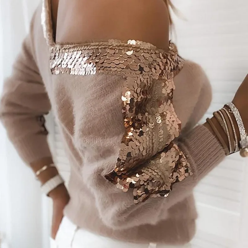 

Autumn Winter Korean Fashion Sexy V Neck Long Sleeve Sweater Sequins Casual Jumper Pullovers Fashion Sweaters Women 2021 Tops
