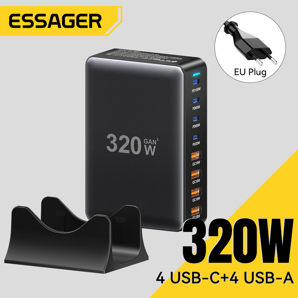 Essager 320W GaN Charger 8Port USB Type C Desktop Charging Station PD 100W Fast Charging For iPhone 16 15 14 iPad MacBook Laptop