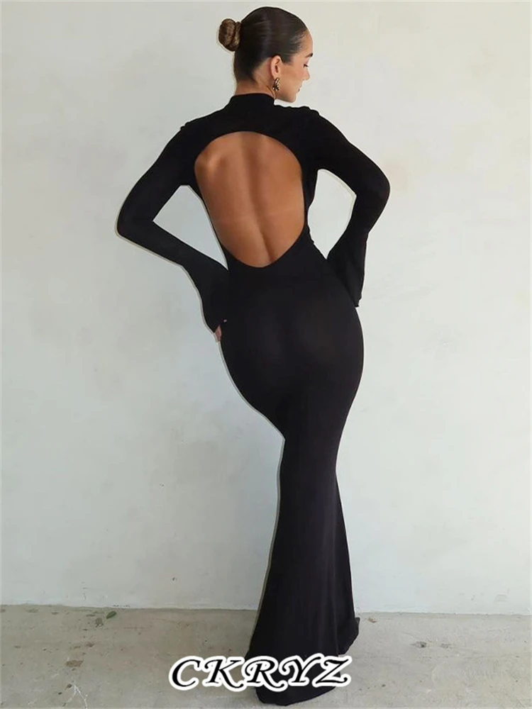 

Ckryz-Women Autumn Long Sleeve O-Neck Backless Sexy Bodycon Maxi Dresses For Ladies New Fashion Evening Party Night Clubwear