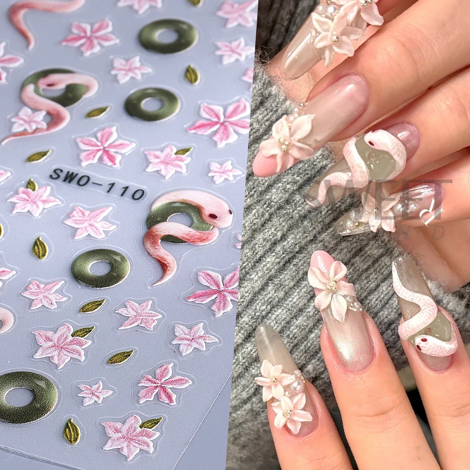 2pcs Pink Snake Embossed Nail Stickers Holographic Sakura Petal Leaf Design Adhesive Sliders DIY Nail Decals Manicure Decoration