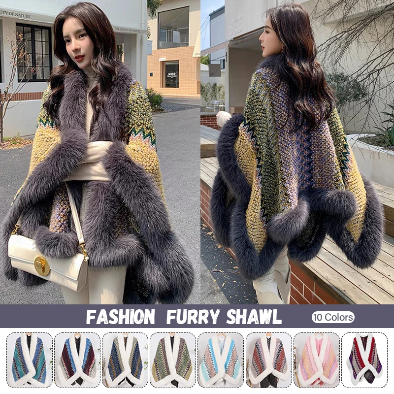 Fashion Women Faux Fur Shawl Premium Imitation Fox Hair Warm Winter Thick Coat Elegant Wraps Female Boho Cloak Poncho Luxury 70% cashmere 30% silk scarf women fashion boho ethnic tribal double sided paisley shawl stole oversize kerchief 135 135cm