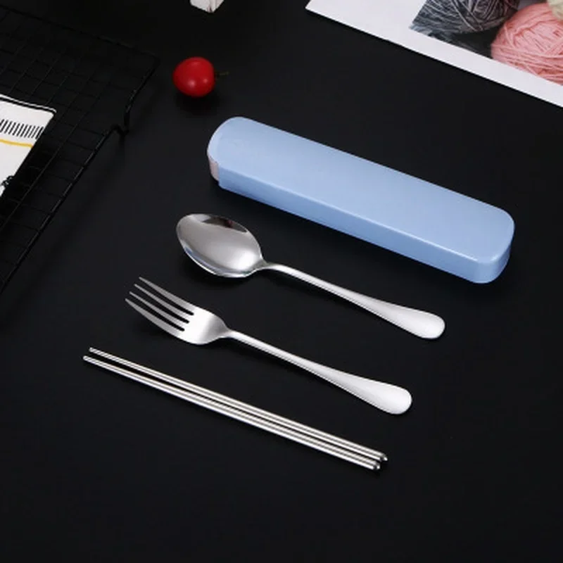 3PCS/Set Portable Travel Tableware Set Stainless Steel Dinnerware With Box Kitchen Fork Spoon Dinner Set For Kid School Cutlery