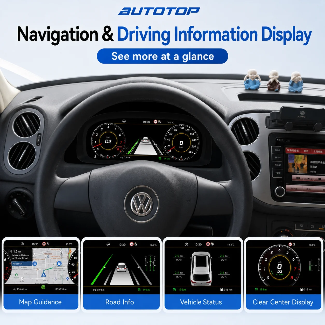 AUTOTOP Tablero de Instrumentos Digital de 12.3" para Volkswagen VW Tiguan 5N 2009-2017, Panel de Instrumentos LCD Completo con Pantalla Virtual, Velocímetro, Tacómetro, Reemplazo Inteligente para Tablero de Instrumentos, Compatible con CarPlay, Android Auto, AirPlay, AutoLink, Visualización de Datos del Vehículo. 5