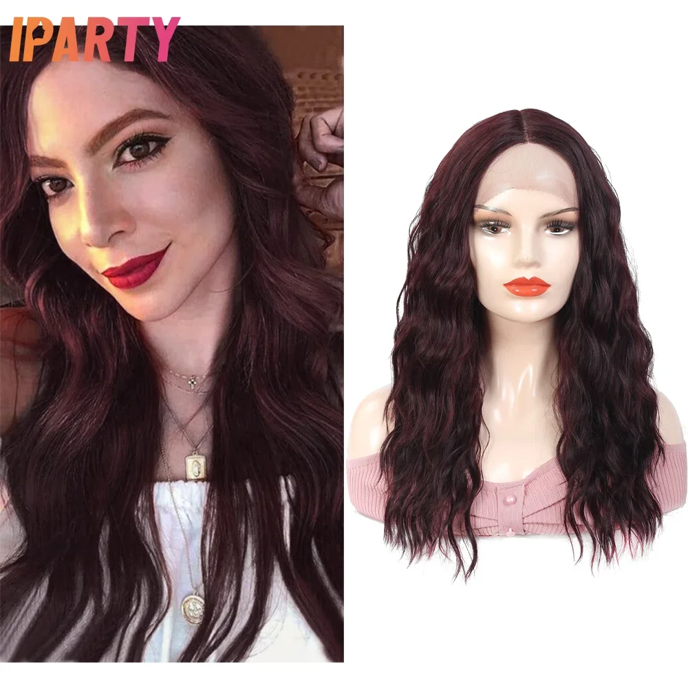 

Iparty Synthetic Lace Long Wavy Wig Red Brown Color 20 Inches Middle Part Heat Resistant Fibers Wigs For Women Multi Color Daily