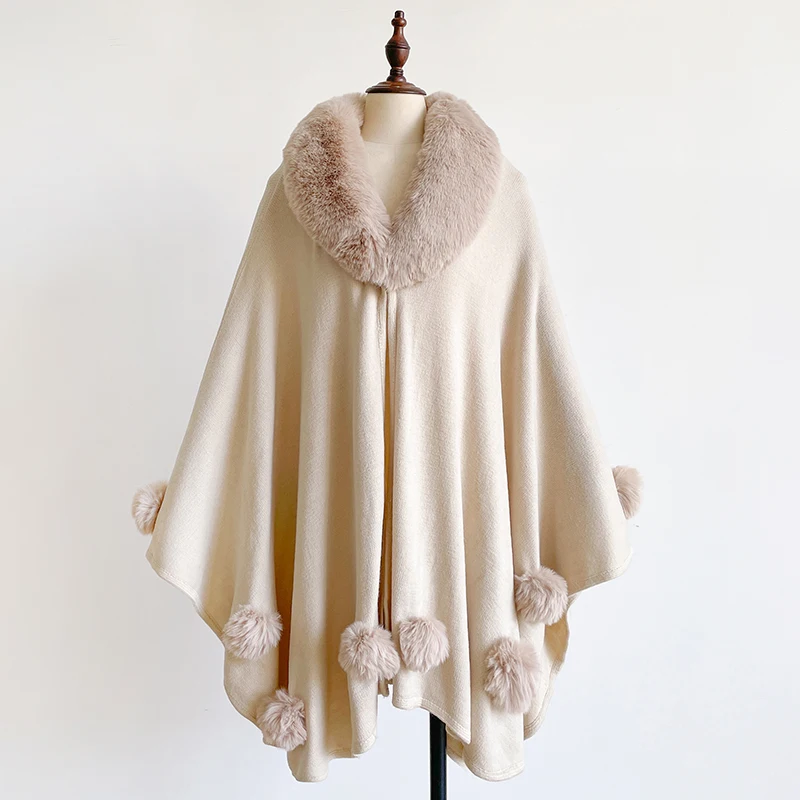 Winter New Thicken Women's Mink Wool Full Trims Faux Fur Cape - Hooded Loose Fleece Cloak Coat for Party Dress Wraps Warm