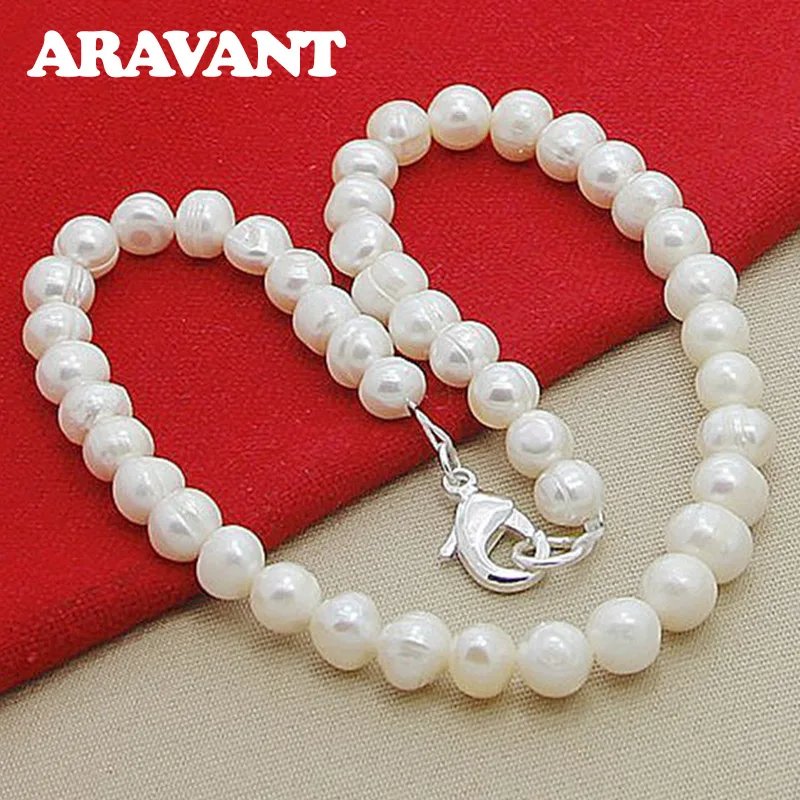 Aravant 925 Silver 8MM White Pearl Necklaces Chains For Women Fashion Jewelry Gifts