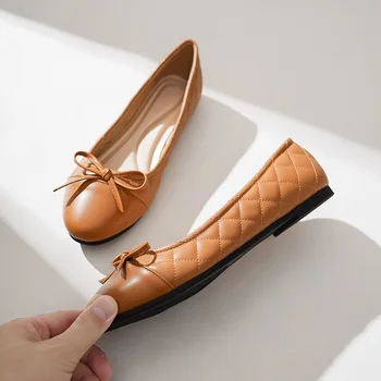 41-43 Big Size Bowtie flat shoes woman round toe crystal glitter slip on loafers soft bottom bow ballet flats ladies OL shoes 1