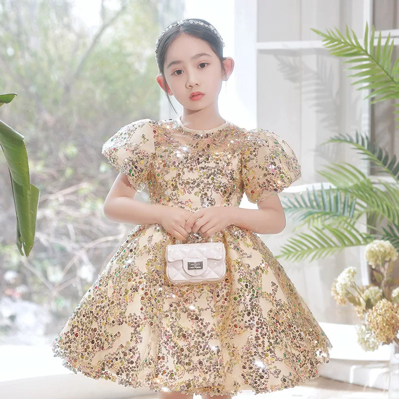 

Children Girls Fuffy Princess Dresses Temperament Flower Girl Wedding Party Ball Gown Fashion Sequins Host Costume y506