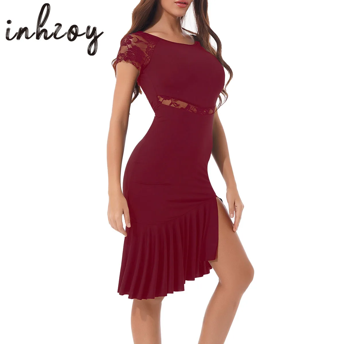 

Women Floral Lace Patchwork Latin Dance Dress Splice Side Slit Ruffled Hem Ballroom Jazz Rumba Tango Costumes Swing Dress