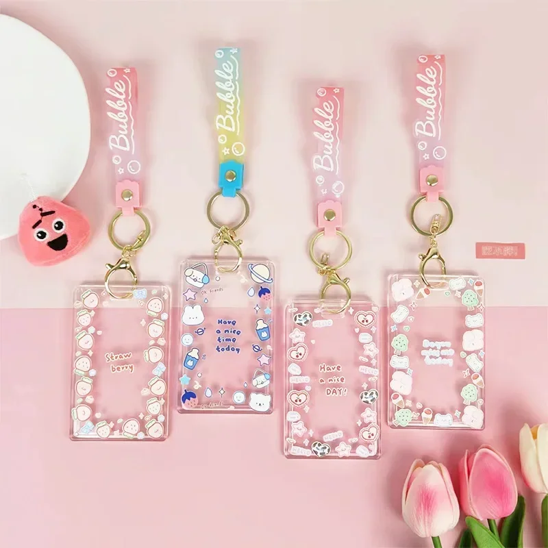Ins Cute Transparent Lanyard Card Cover Student Bus Cards Sleeve Cartoon Work Card Covers Credit Holder with Spring Rope