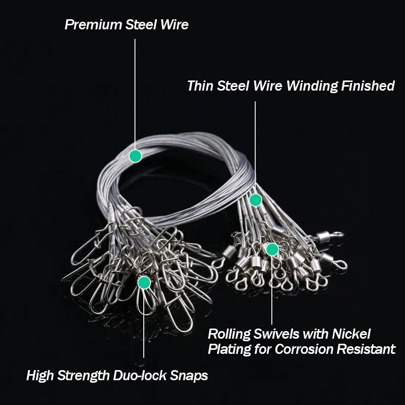 24Pcs Anti Bite Fishing Line Steel Wire Leader With Swivel Double-Lock Snap Accessory Lead Core Leash 25cm 15kg/35lb 3