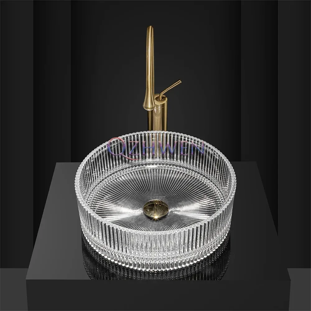 อ่างล้างหน้าแบบหล่อสำหรับห้องน้ำอ่างล้างหน้ากระจกวงกลมโปร่งใส40ซม. หรูหราอ่างล้างหน้าแบบศิลปะบนโต๊ะในโรงแรมเคาน์เตอร์พร้อมชุดก๊อกน้ำ 1