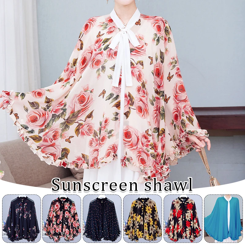 Summer Women Princess Chiffon Cloak Sunscreen UV Proof Chiffon Cardigan Sunshade Lady Shawl Poncho Cycling Driving Beach Cape