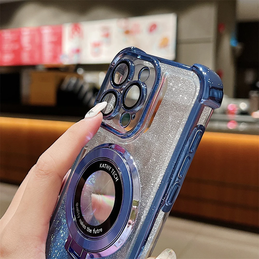 Farbverlauf Glitzer Magnetständer Klare Handyhülle für iPhone 15 14 Plus 13 12 11 Pro Max Bumper Objektivschutz Hard Cover_voghion.com