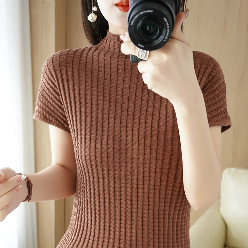 

Summer New Thin 100% Pure Cotton Short-Sleeved Sweater Tees Women's Half-High Collar Pullover T-Shirt Square Pattern Cool Tops