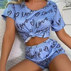 Women's Cartoon Print Short Sleeve Pajama Set - 2 Piece Sleepwear & Loungewear - M (Blue)