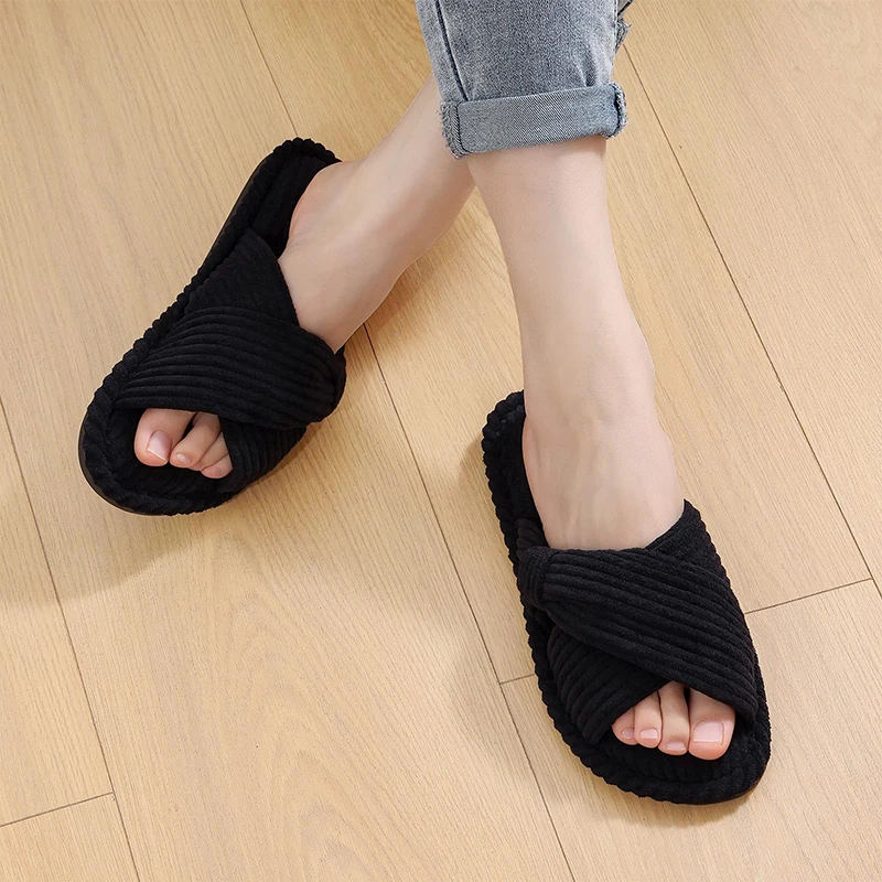 Corduroy Open Toe Slippers with Memory Foam for Women