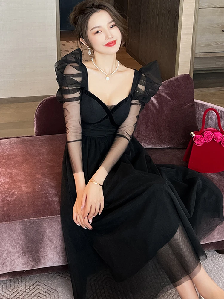 New Spring Autumn Women Evening Dress Mesh Black Sheer Sexy