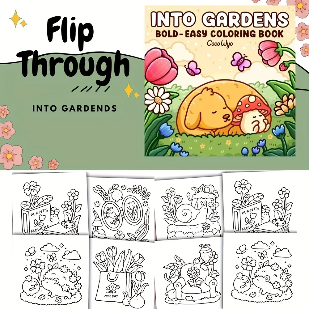 Into the Garden: Bold Simple Adult Coloring Book with Relaxing Plants Flowers Adorable Animals for Stress Relief Creativity 2