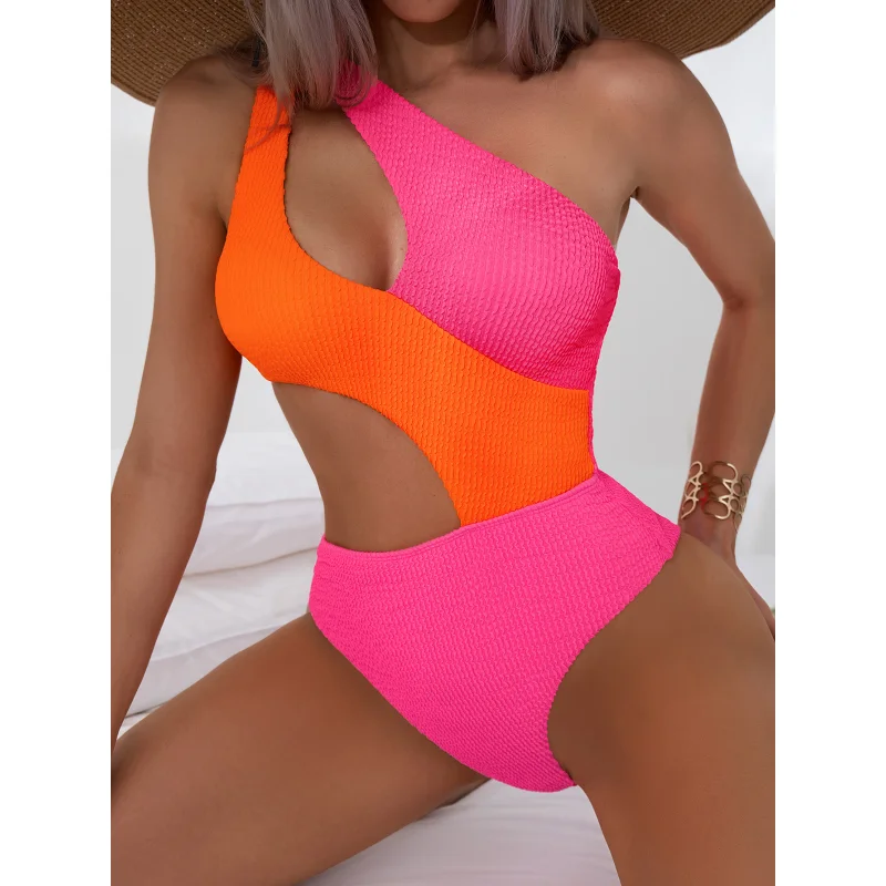 

Women Patchwork Swimsuit Sexy One Shoulder One-Piece Swimsuit Hollow Out Bathing Suit One Piece Bikini Female Bodysuit Beachwear