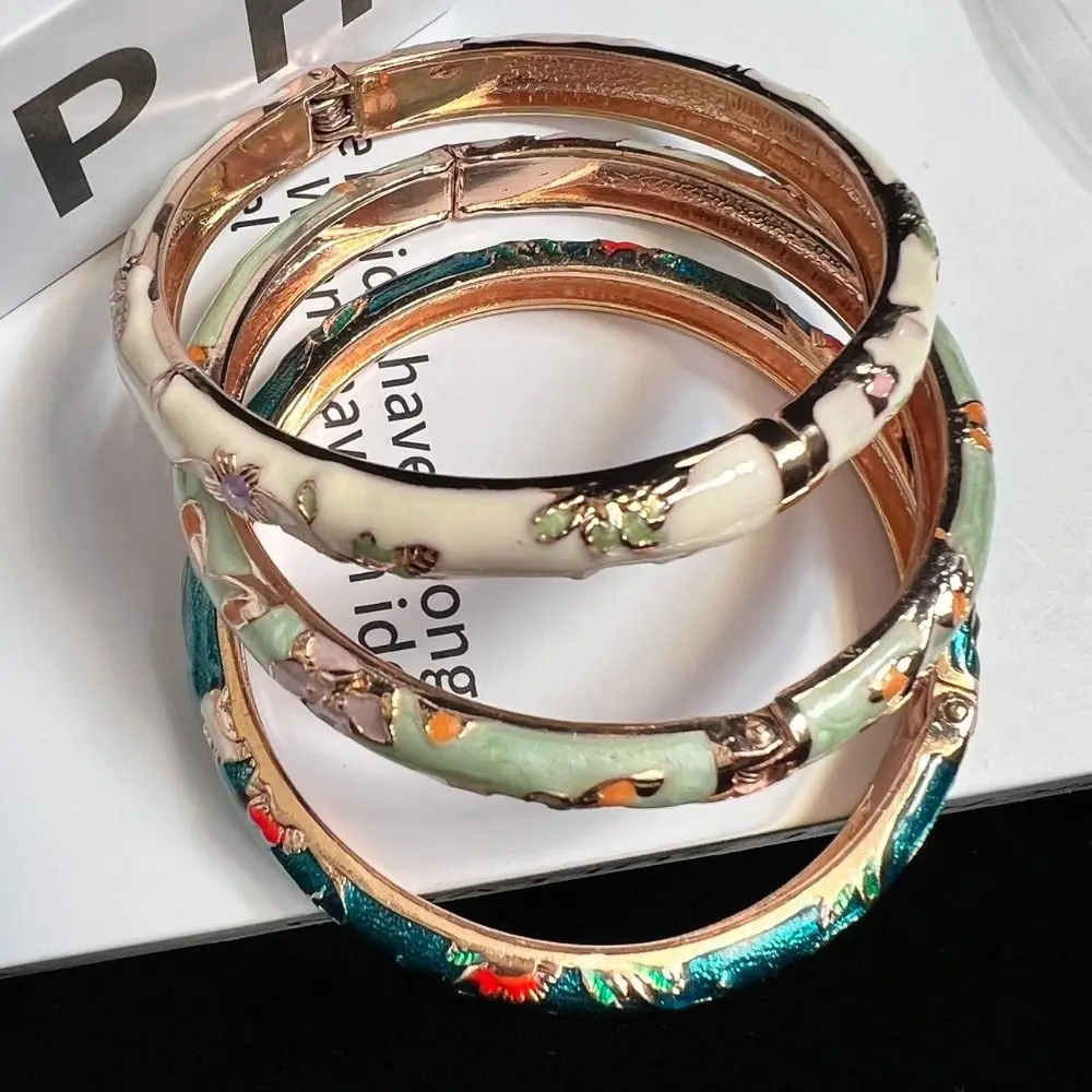 Vintage Cloisonné Enamel Peony Filigree Double Bangle Bracelet
