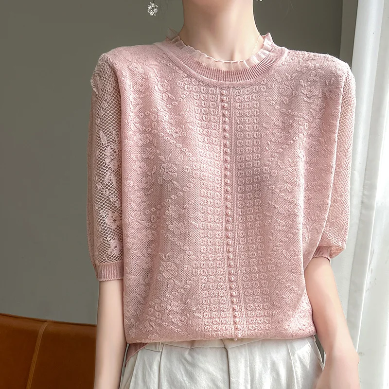 Openwork Round Neck Short Sleeve Sweater