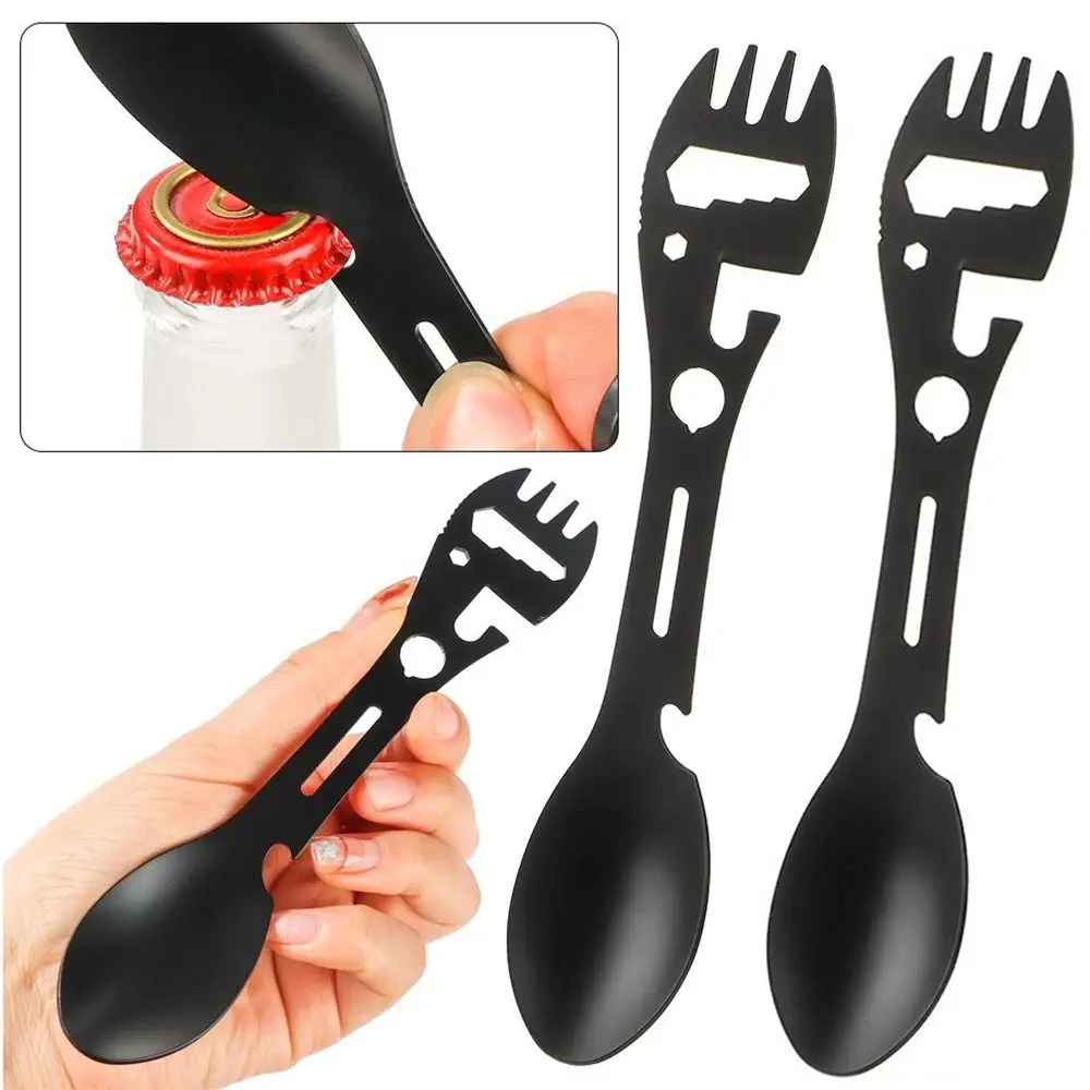 Outdoor Spork Fork Spoon 10 in 1 camping cutlery portable tableware portable cutlery titanium tableware camping multi tool Multi-function Wrench Bottle Cans Opener Stainless Steel Portable Camping Survival Tool