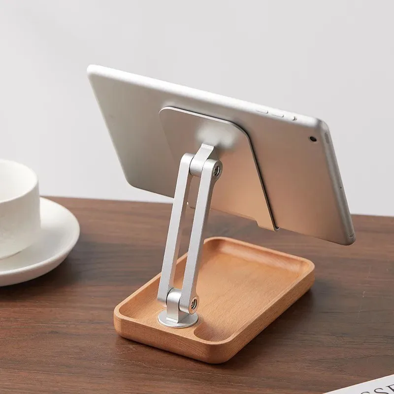 Supporto per cellulare/tablet girevole e pieghevole in lega di alluminio, in legno di noce nero, ideale per guardare video in diretta e trasmissioni._voghion.com