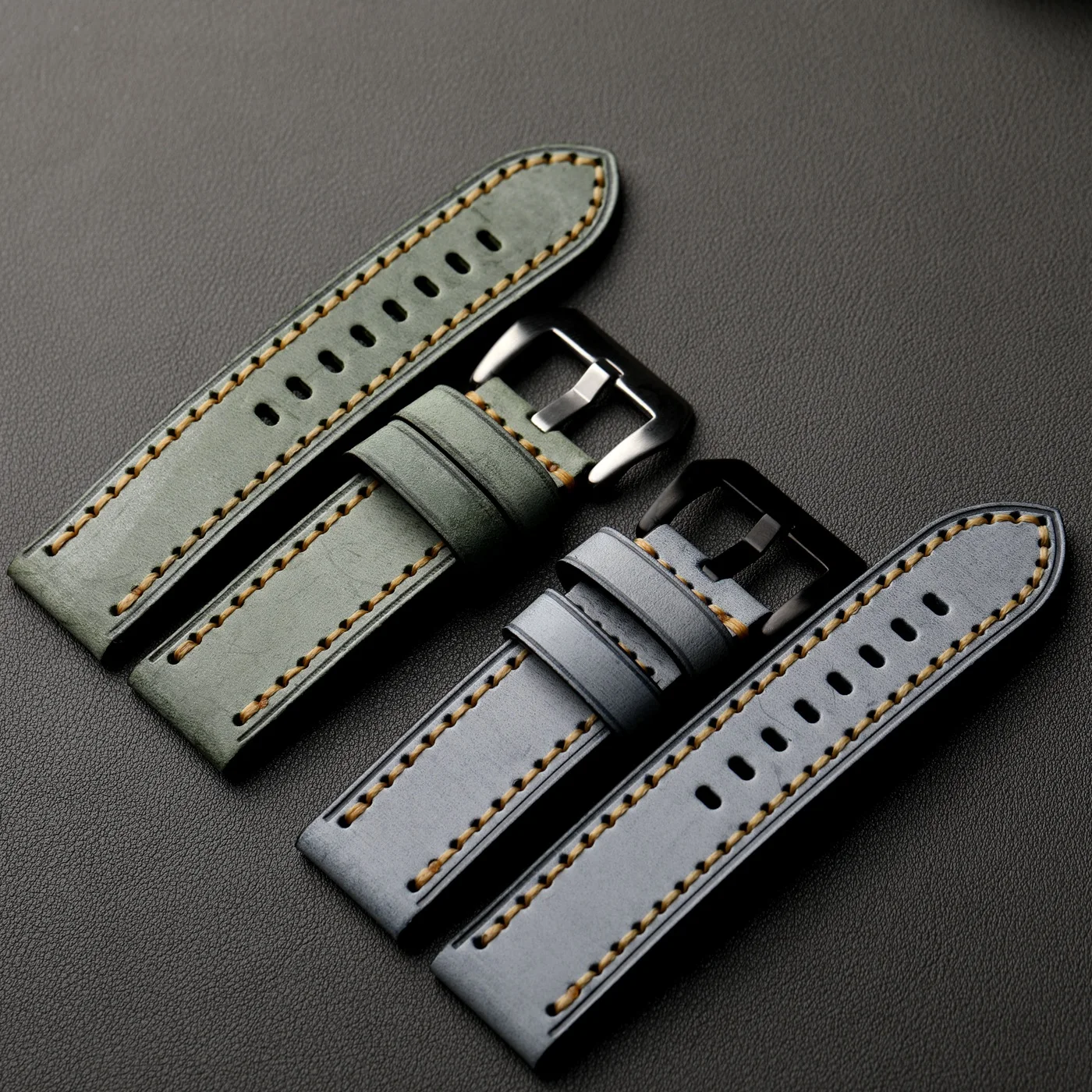 Luxurious Handmade Italian Cowhide Leather Strap in Green Grey