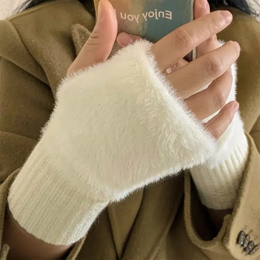 Soft Winter Half Finger Gloves Women Warm Luxury Solid White Plush Knitted Fingerless Gloves Wrist Mitten Writting winter gloves