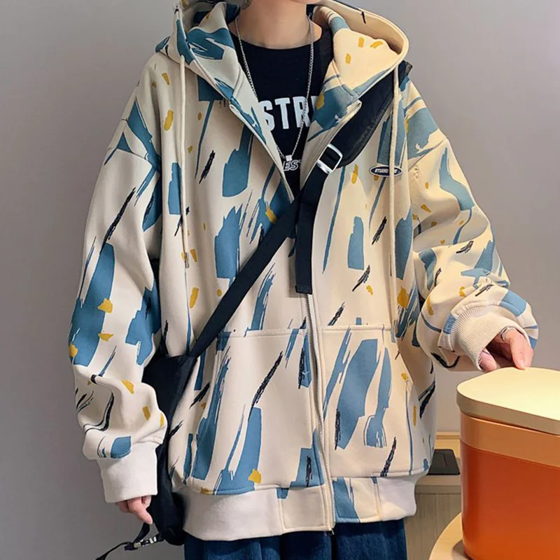 Fashion Hooded Zipper Spliced Pockets Loose Printed Coats Men's Clothing 2023 Autumn New Oversized Casual Tops All-match Jackets