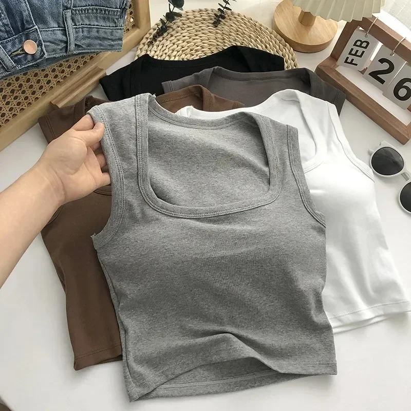 Women Square Low-Collar Sleeveless Neck Camisole Solid Tank Top Female Summer Sexy Tank Topswith Pad Solid Color Bottoming Tops