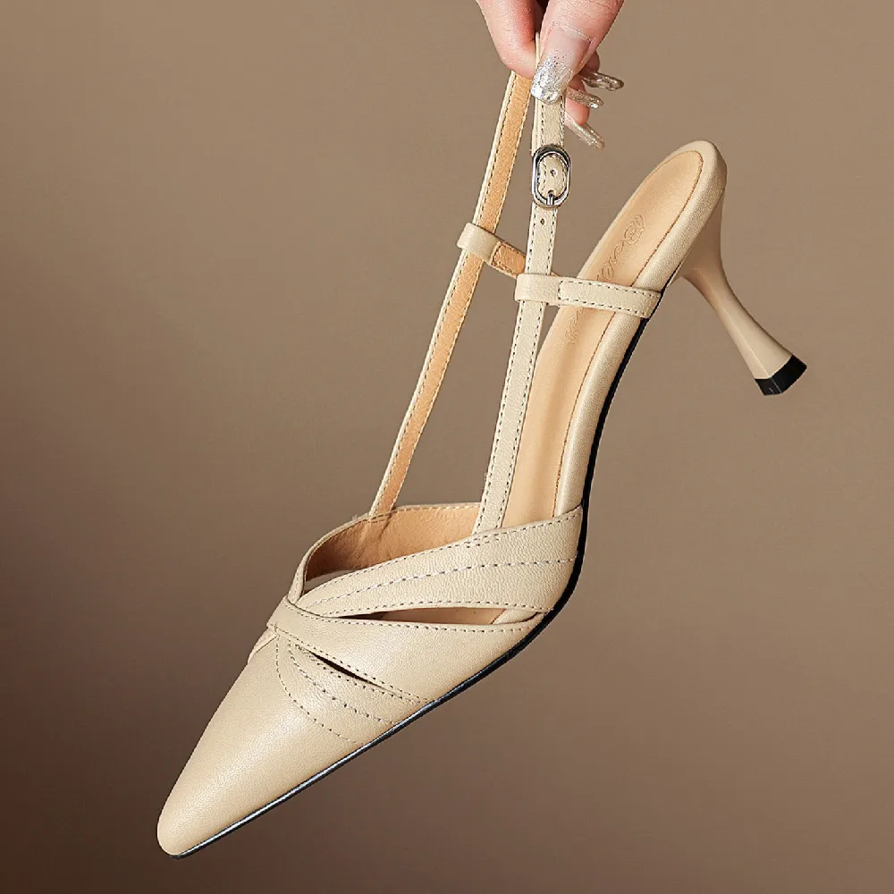 Women's Genuine Leather High Heel Pointed Toe Slingback Slip-on Flats Sandals Elegant Ladies Daily Dress Pumps Heeled Shoes