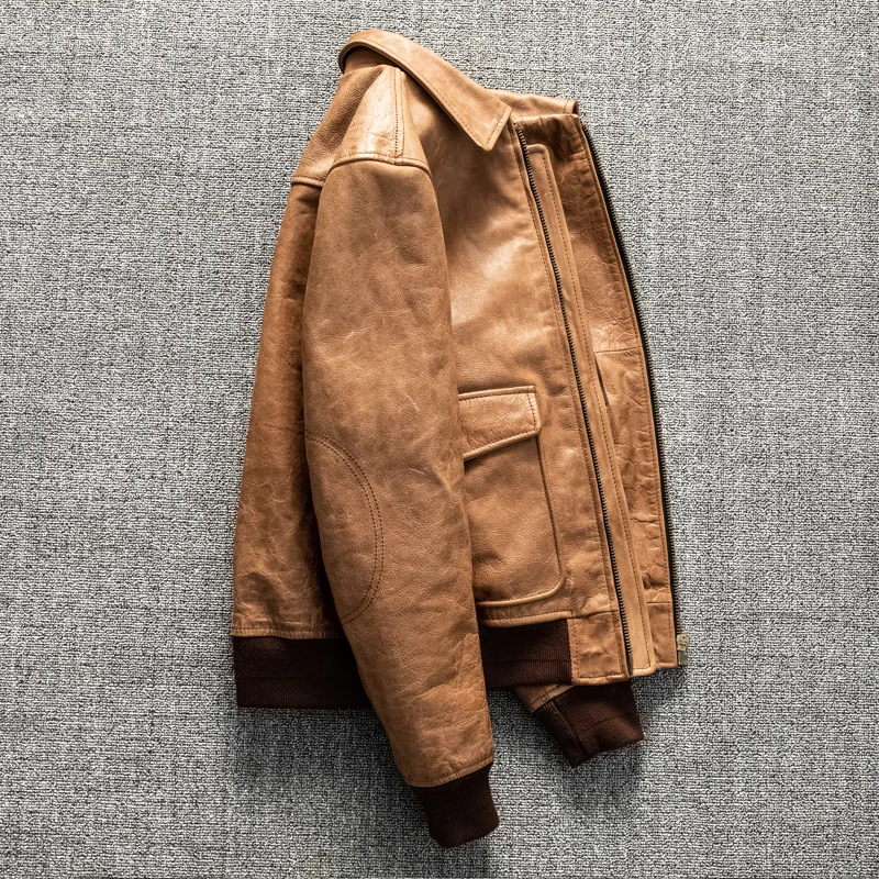 

Vintage Oil Wax Men's First Layer Cowhide Leather Leather Coat Lapel Short Leather Jacket Fall Winter Coat High Quality