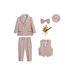 Children's Formal Dress Suit Set - British Style Boys' Wedding & Party Outfit with Blazer, Pants, and Bowtie - 150 11-12T (Pink 5pcs)