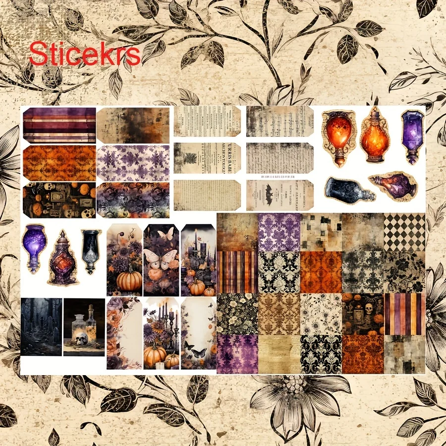 108pcs Card and Sticker set Halloween Dark,Potion Jar Patterns for Holiday Party Flag DIY,Bottle, Album,Junk Journal JAIIMAN stickers scrapbooking supplies