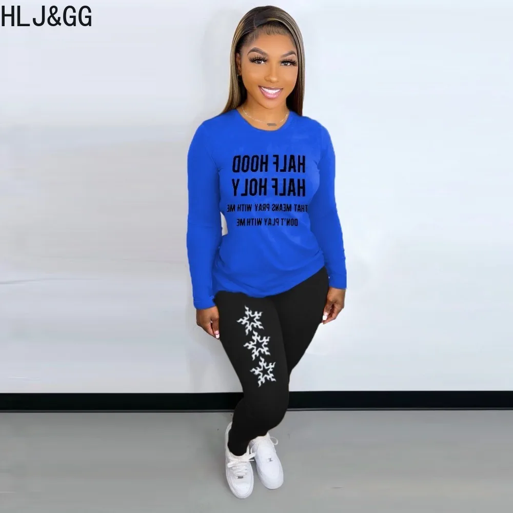 HLJ&GG Autumn Casual Letter Printing Tracksuits Women O Neck Long Sleeve Top And Jogger Pants Two Piece Sets Female 2pcs Outfits
