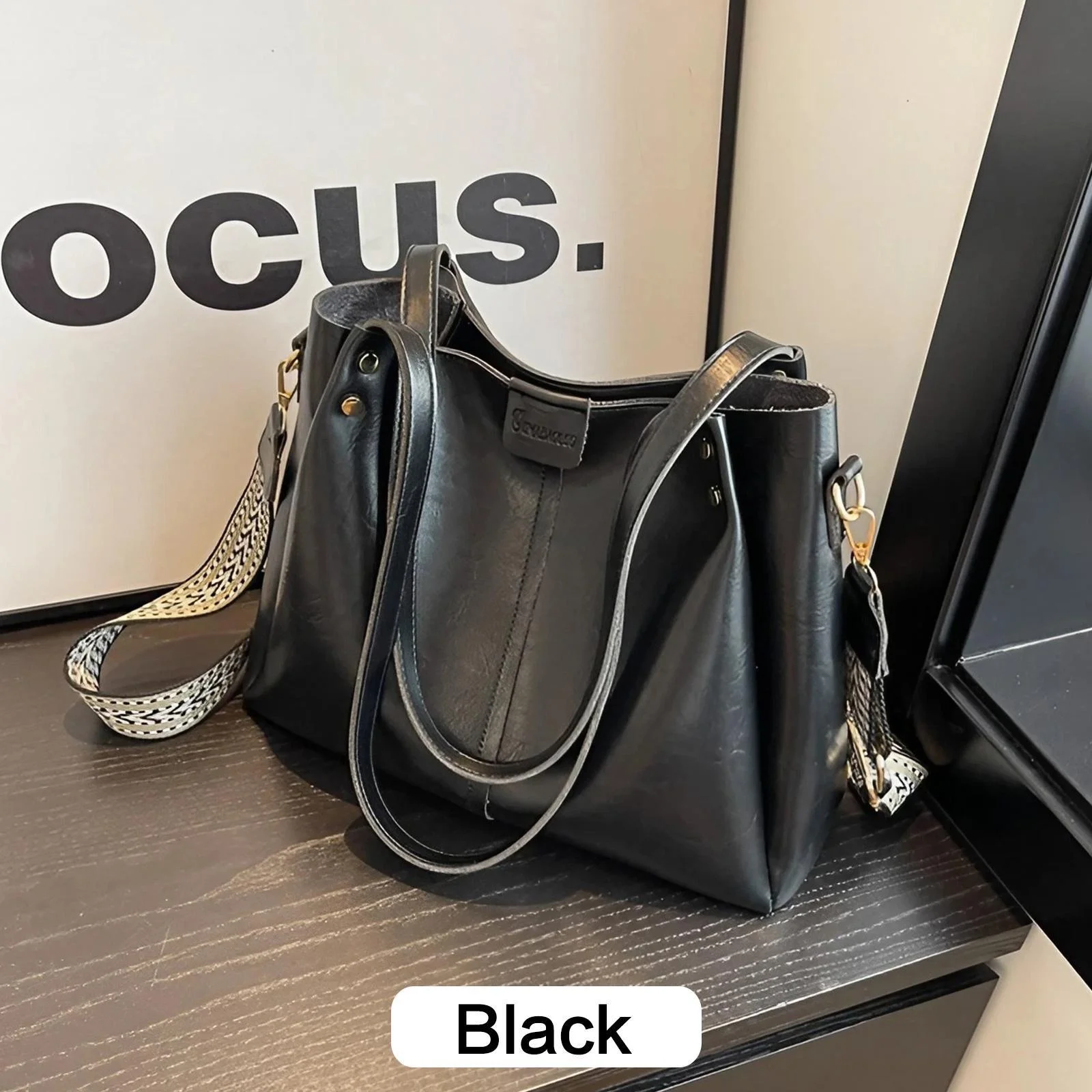 Large capacity PU leather shoulder bag with multi compartments, lightweight, waterproof, and stylish for everyday use. black
