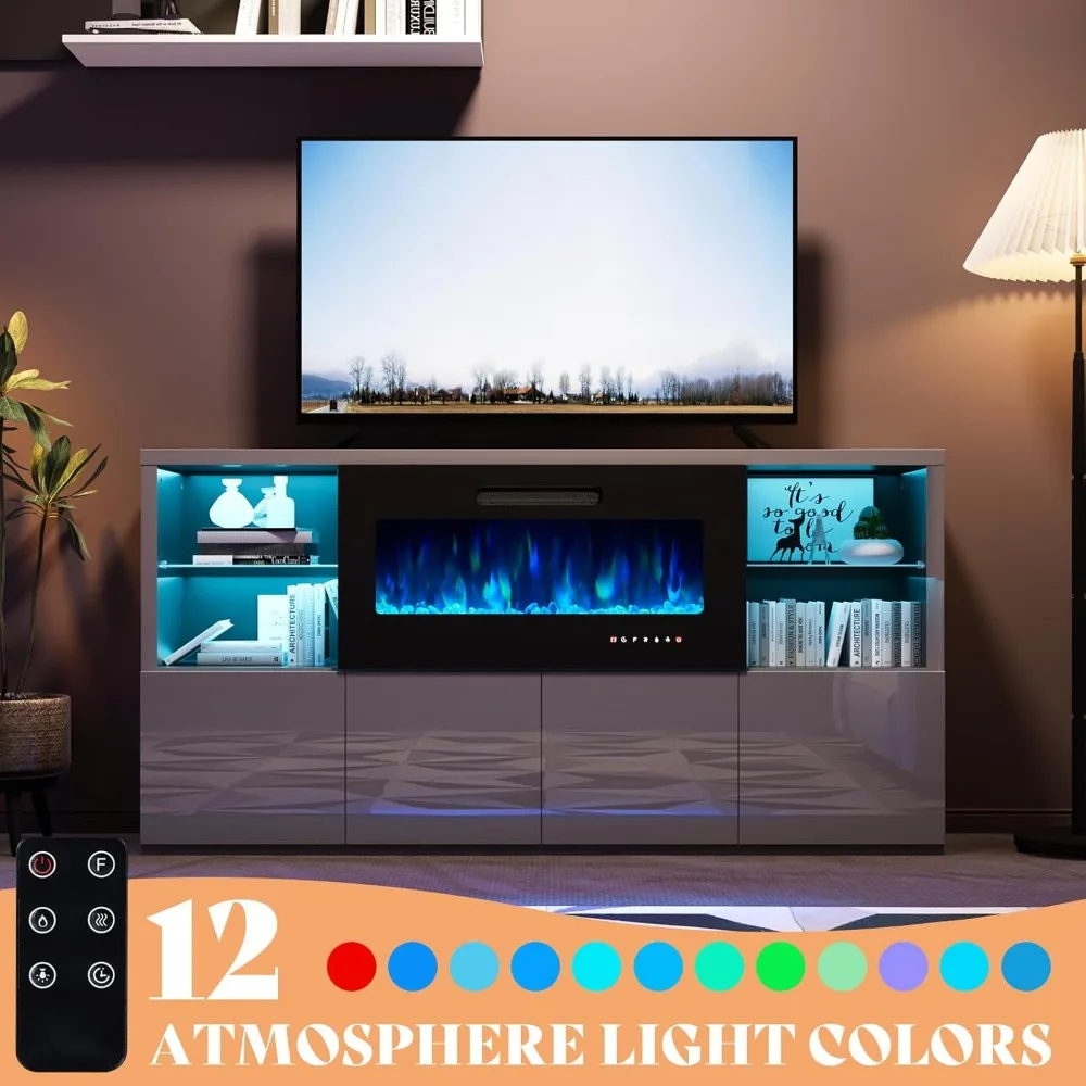 Modern High Gloss 68" Fireplace TV Stand,Entertainment Center for TVs Up To 78",TV Console Cabinet with Adjustable Glass Shelves 4