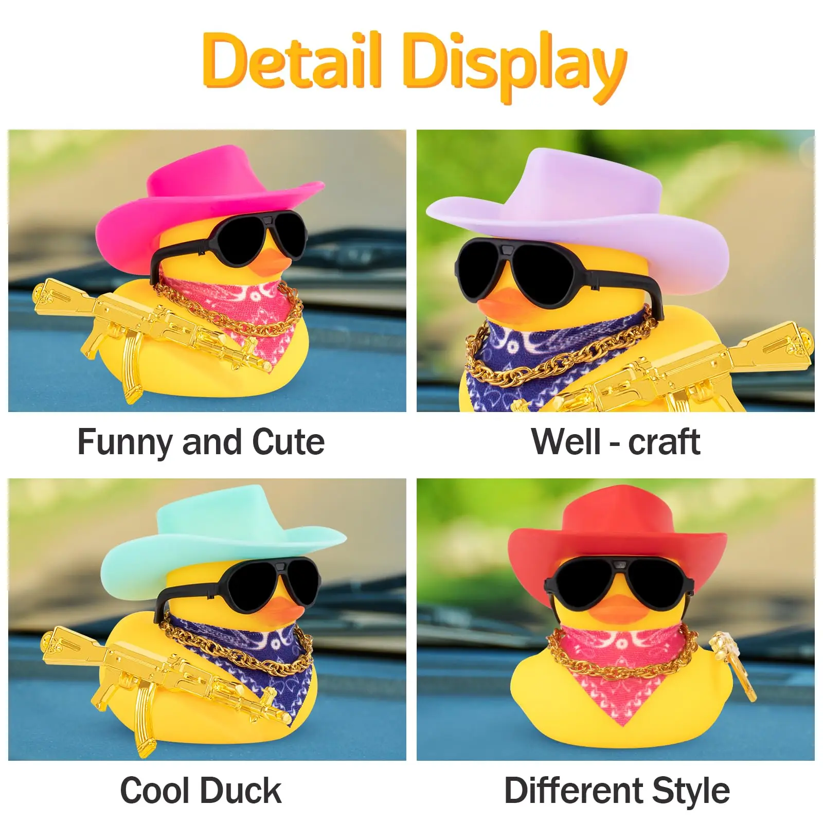 Rubber Duck Car Ornaments Duck Car Dashboard Decorations for Cool Car Accessories with Cowboy Hat Necklace and Sunglasses 4