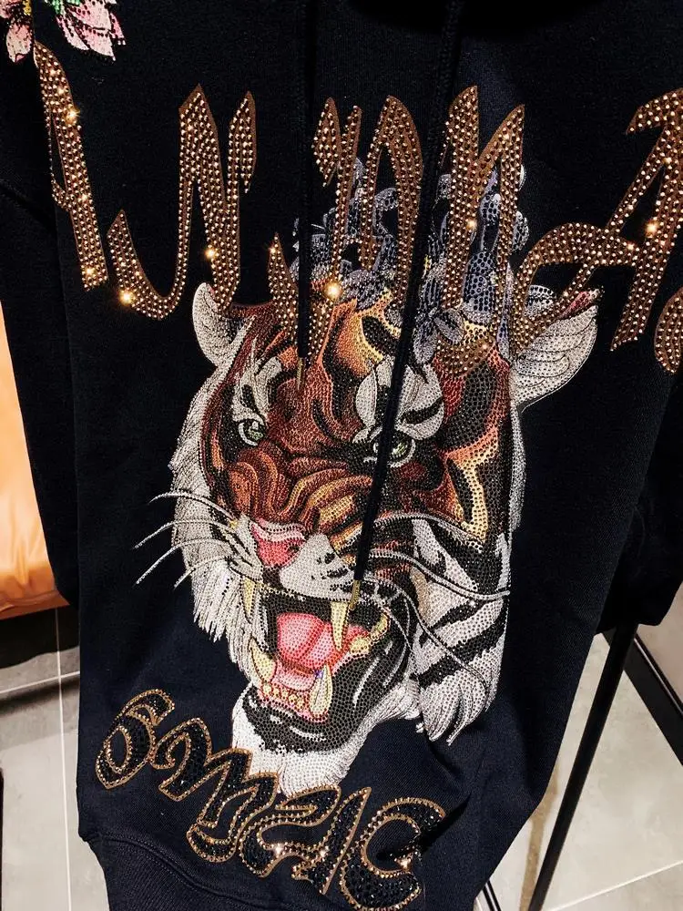 2022 Fall New Ladies Fashion Tiger Rhinestone Hooded Sweatshirt Women's  Elegant Streetwear Luxury Trendy Diamond Hoodie Top