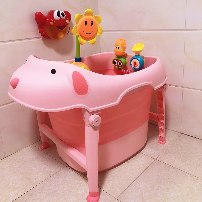 Plastic Foldable Bathtub Baby Children's Bathtub Intelligent Temperature Sensing  Household bubble Bath Cartoon light